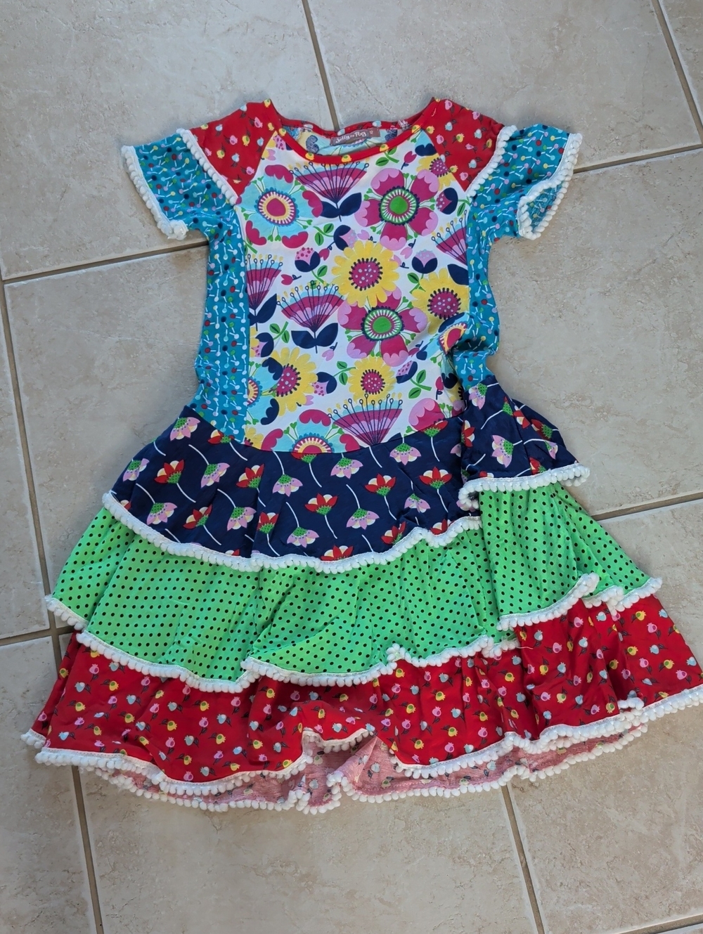 Jelly The Pug Vibrant Red, Green, Blue Floral Patchwork Dress Girls Size 12